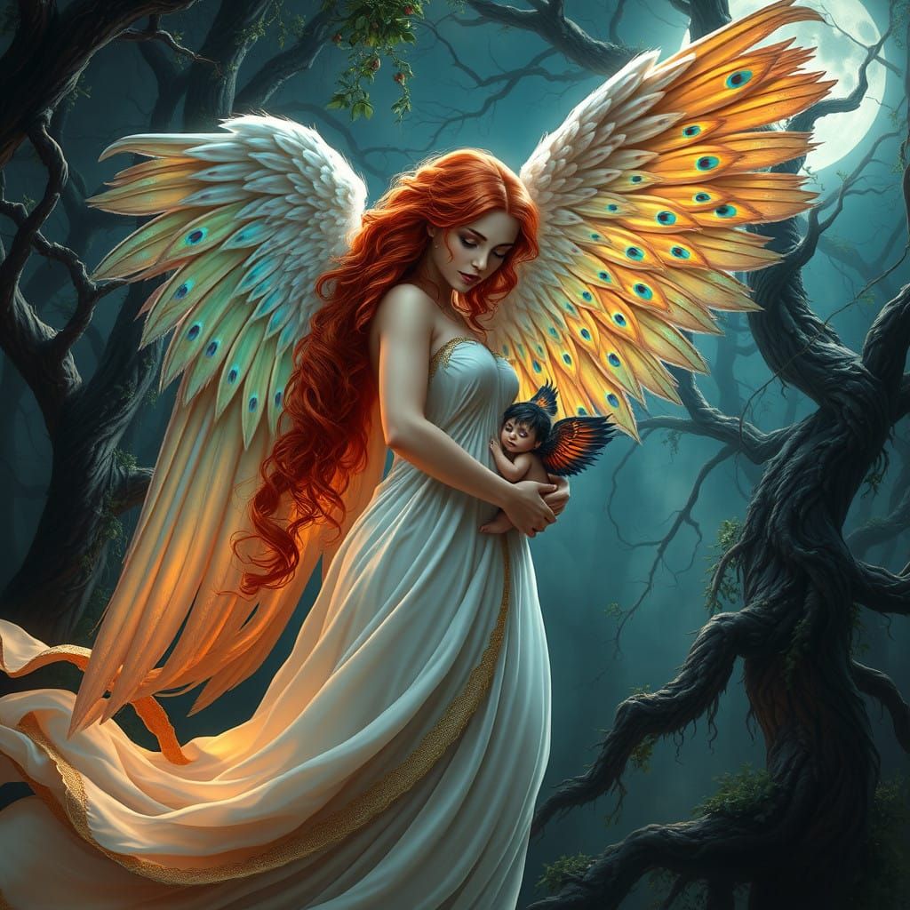 Majestic Angel Mother with Peacock Wings and Baby Angel