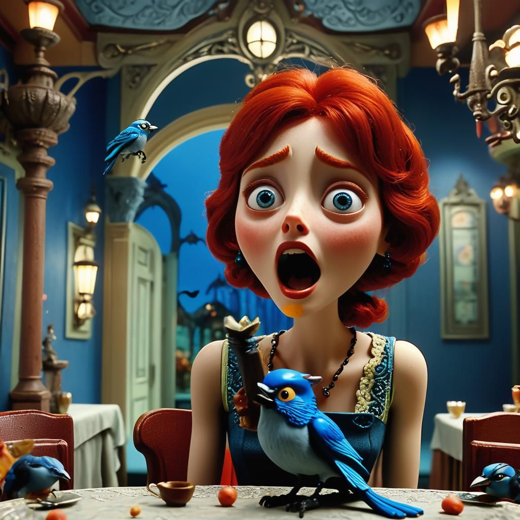 Claymation Woman Screams at Bird in Restaurant