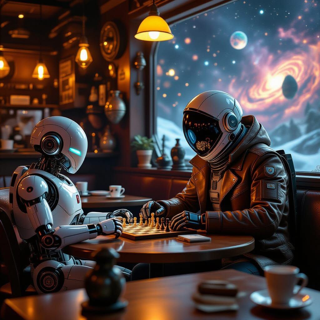 Astronaut and Robot Play Chess in Space Cafe