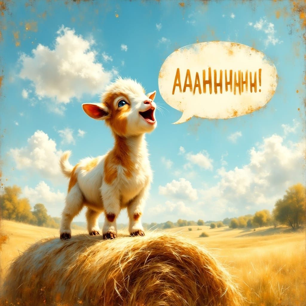 Whimsical Baby Goat in Sunny Rural Landscape