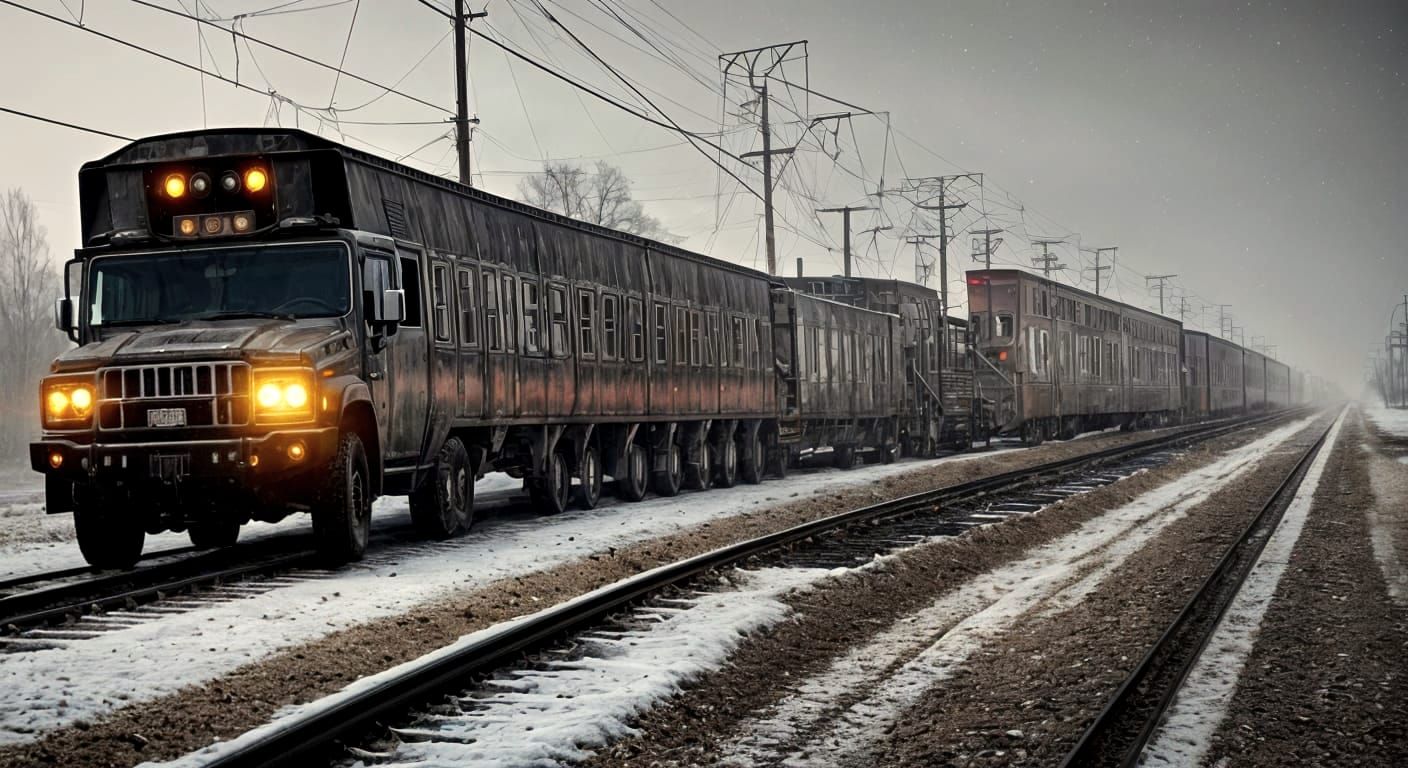 Snow Limousine Races Train in Blizzard Cinematic Scene