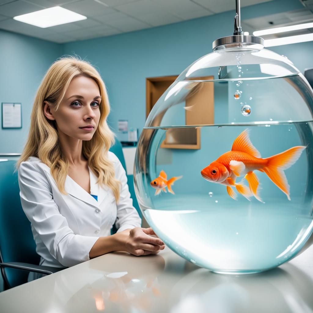 Woman and Goldfish at Veterinarian