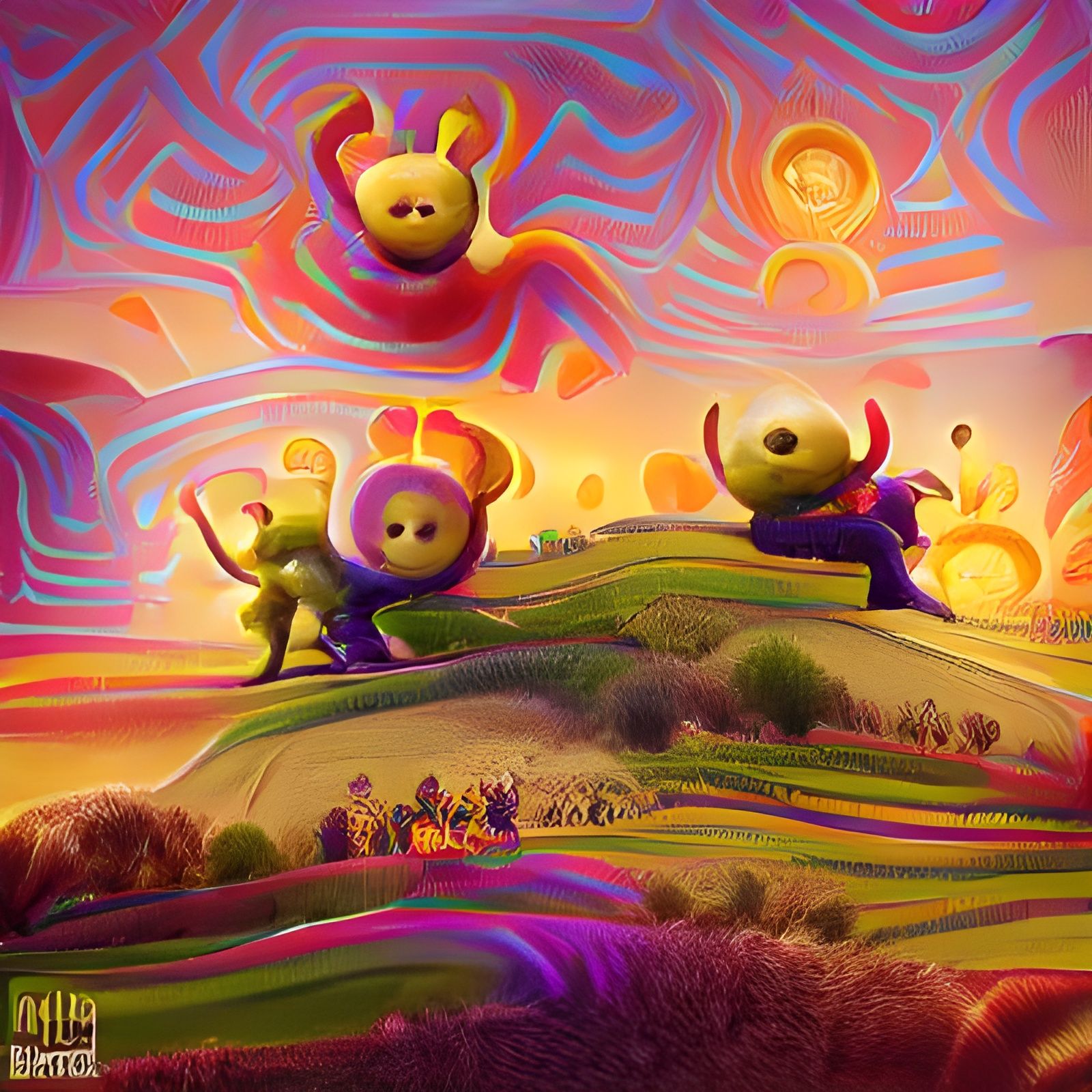 Teletubbies Dance Under Psychedelic Sunset