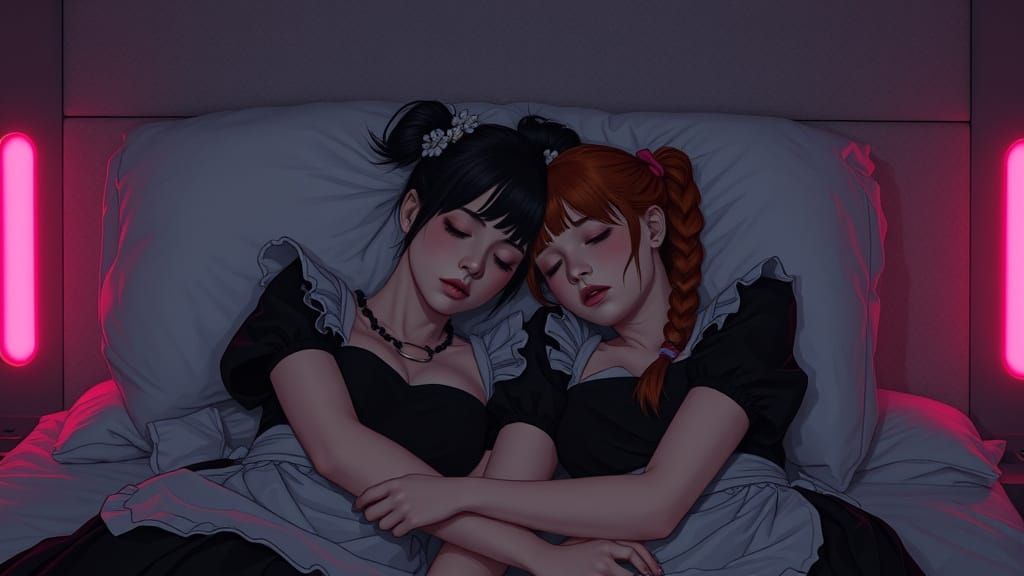 Cyberpunk Maids Sleeping in Abandoned Hotel