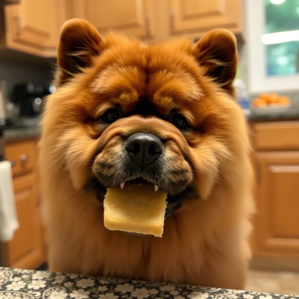 Chow Chow Chews on Treat in Kitchen Scene