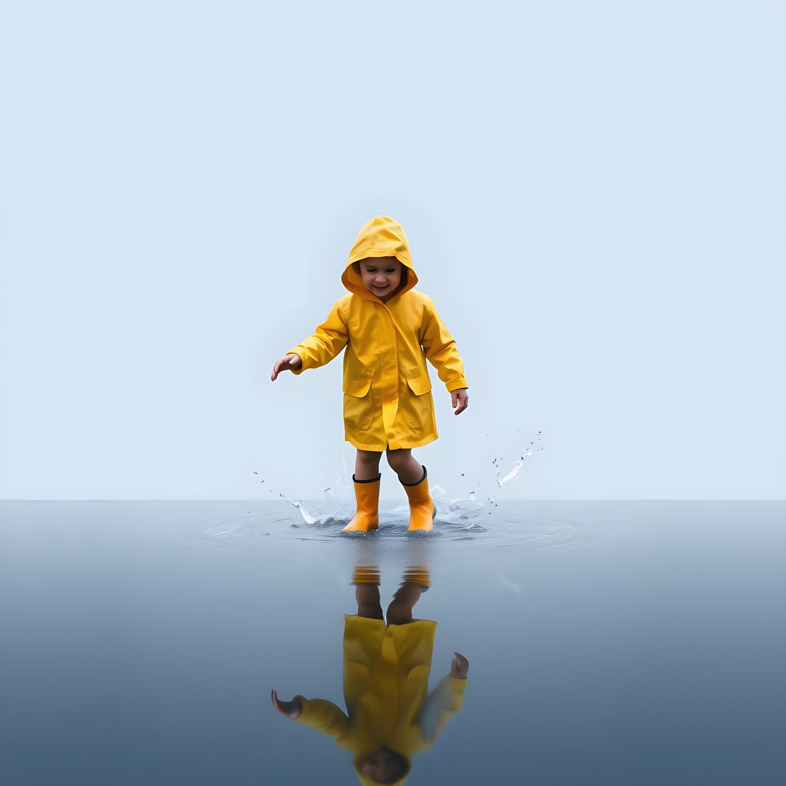 Little Girl in Yellow Splashing in Rain