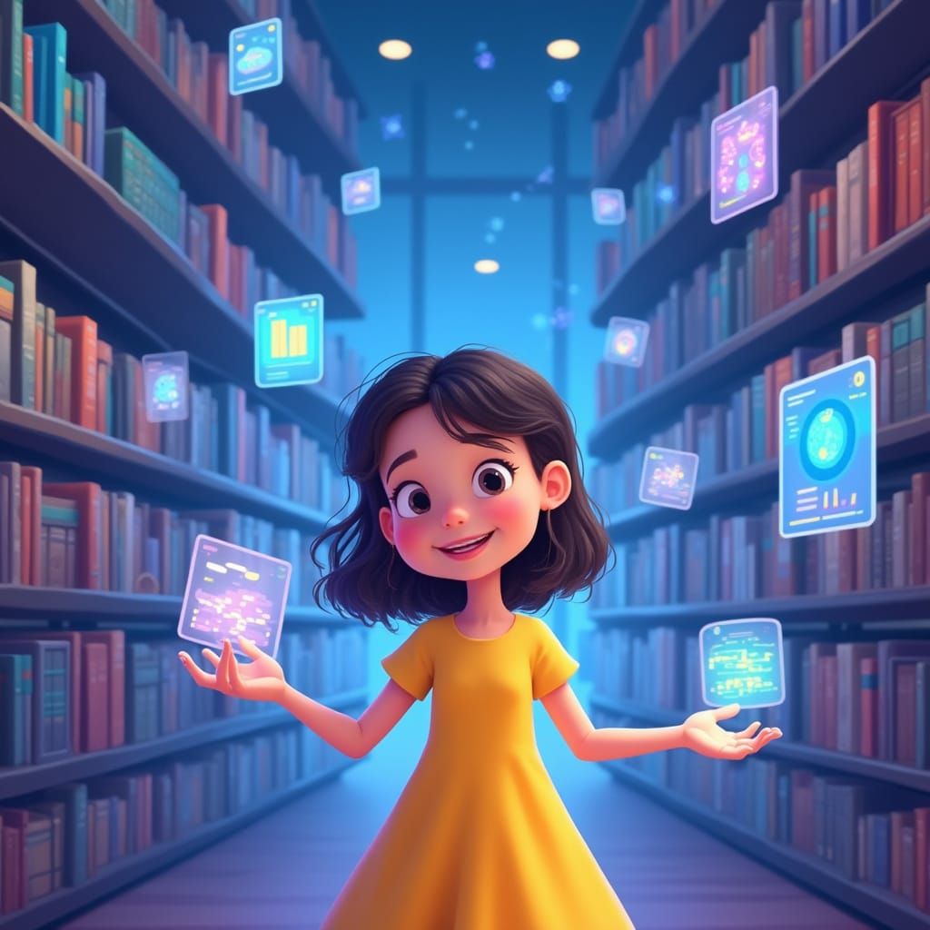 Girl Exploring a Futuristic Digital Library