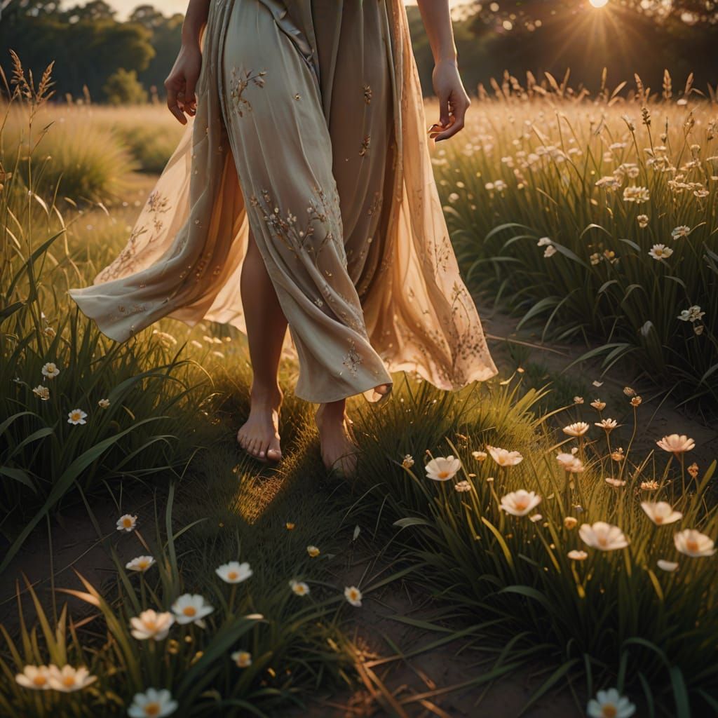 Ethereal Footstep: Flowers Bloom in Golden Hour Light