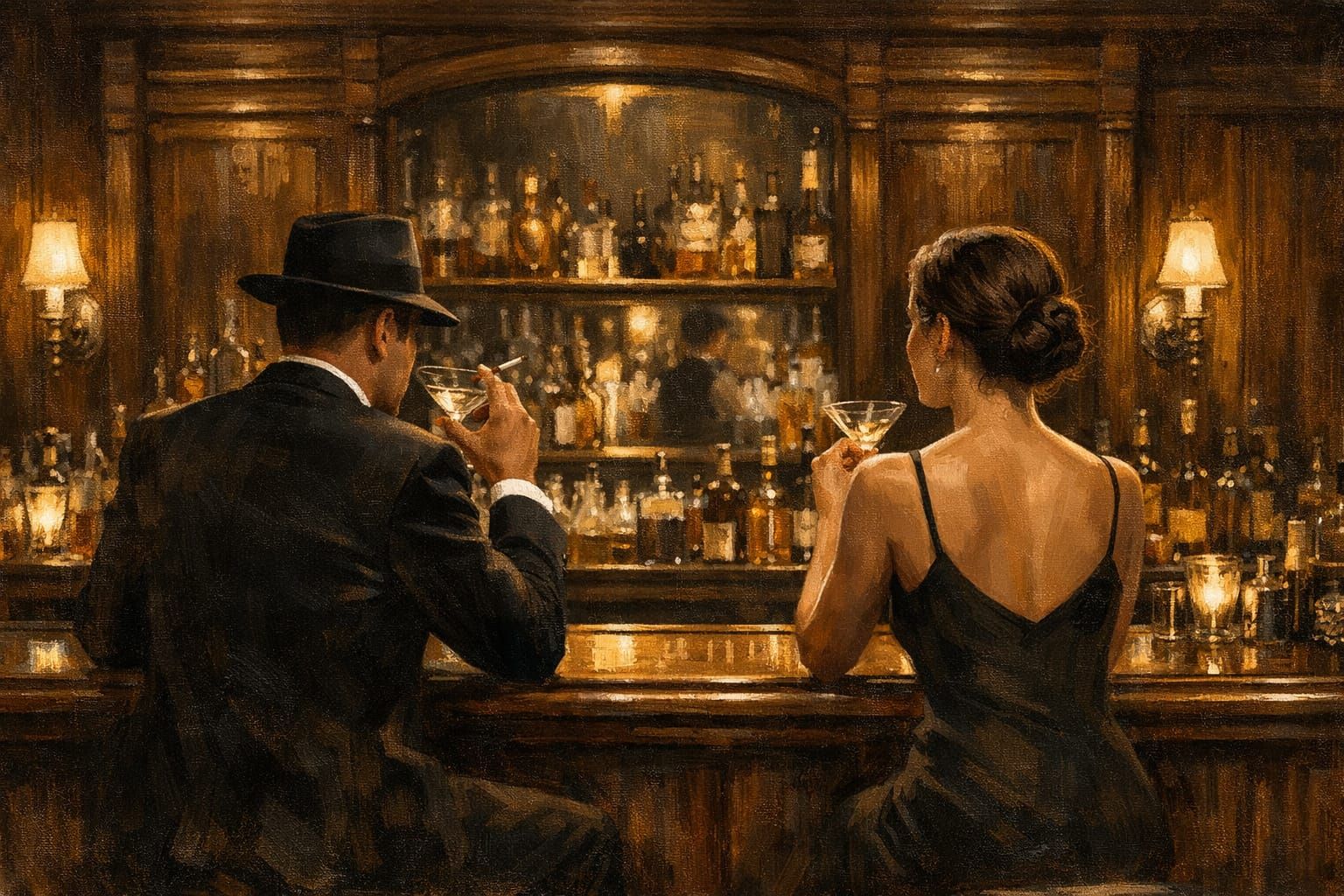 Elegant Walnut Bar Scene in Painterly Style