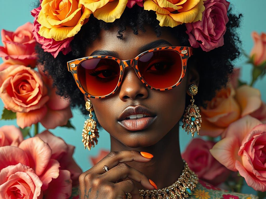 Vibrant Portrait of Woman with Floral Tattoos in Art Nouveau...