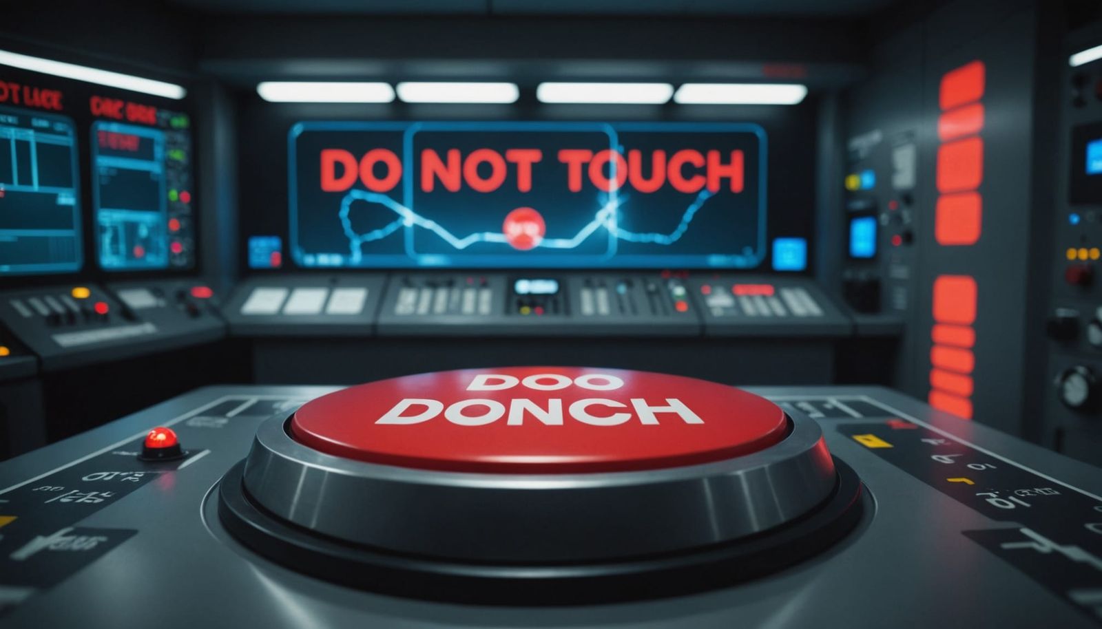 Futuristic Control Room Button with Warning Sign