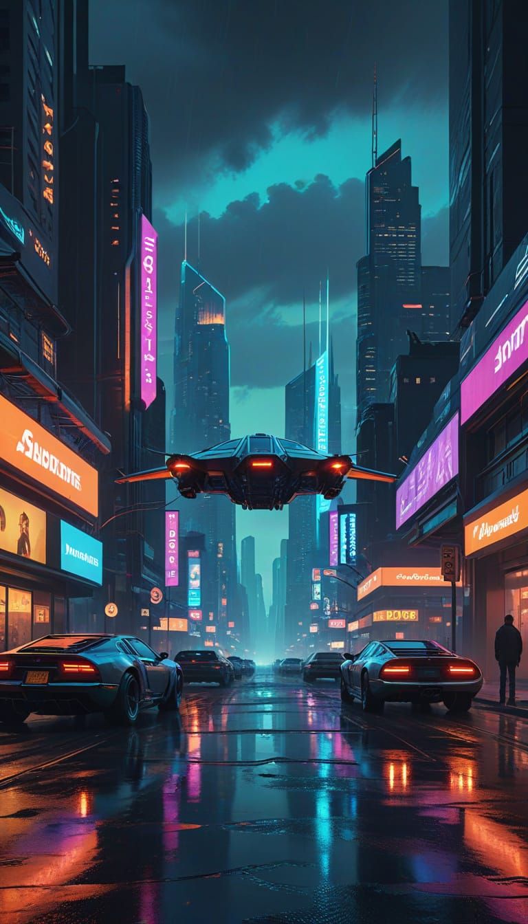 Futuristic Cityscape at Twilight, Cyberpunk Digital Art