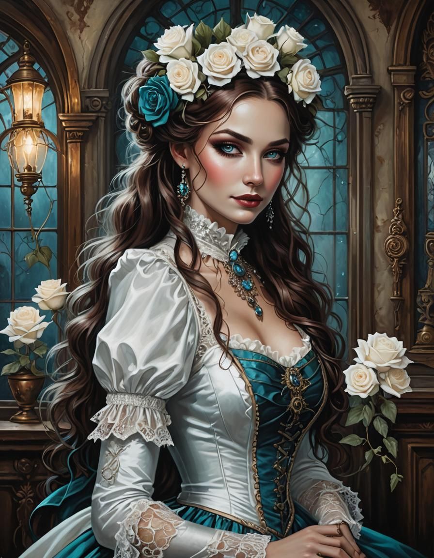 Steampunk Lady with White Roses in Gothic Setting