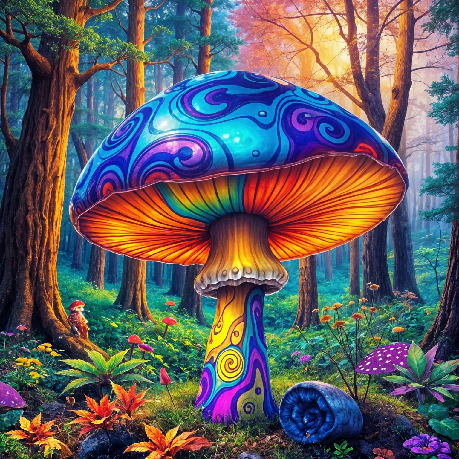 Colorful Mushroom in Dark Forest: A Vibrant Scene