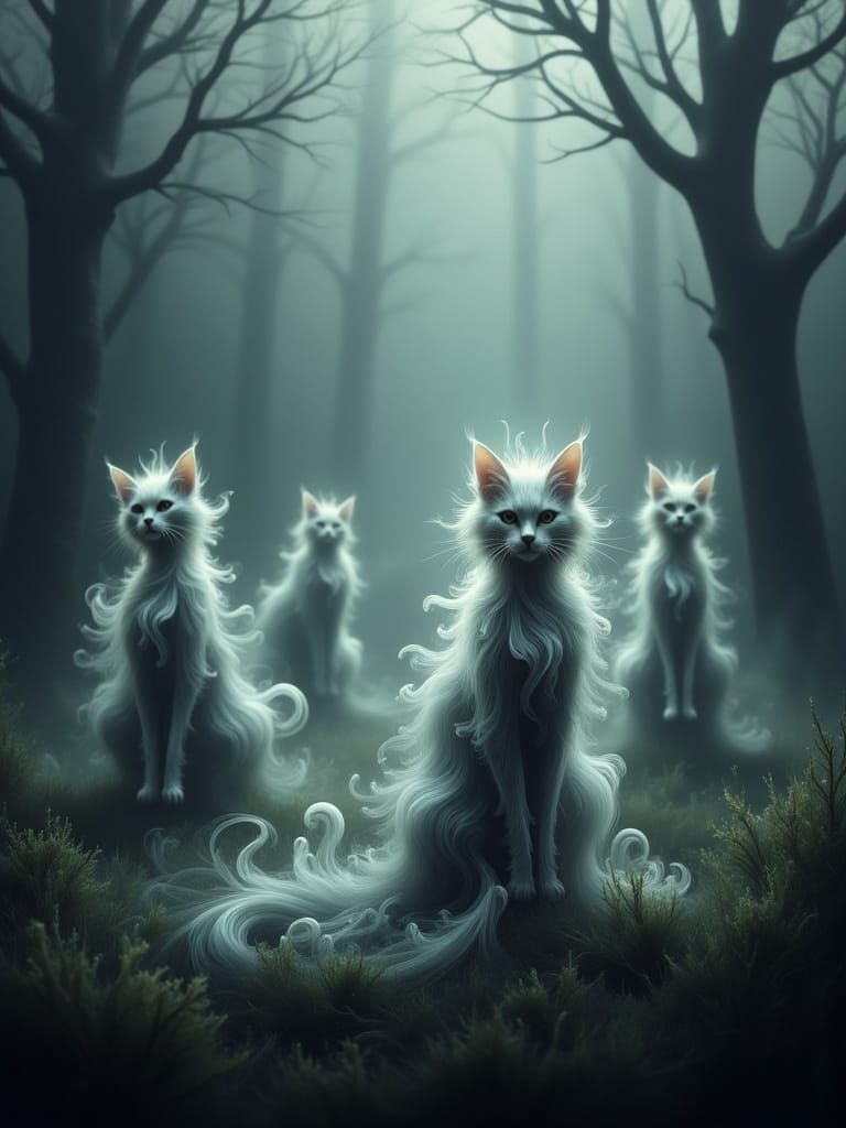 Ethereal Ghost Cats in Foggy Graveyard