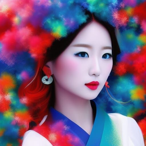 Japanese Girl Portrait with Red and Blue Color Splash