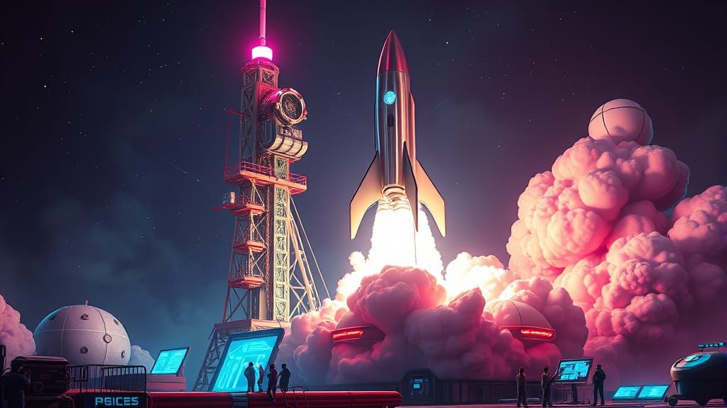 Retro Rocket Launching from Futuristic Launchpad