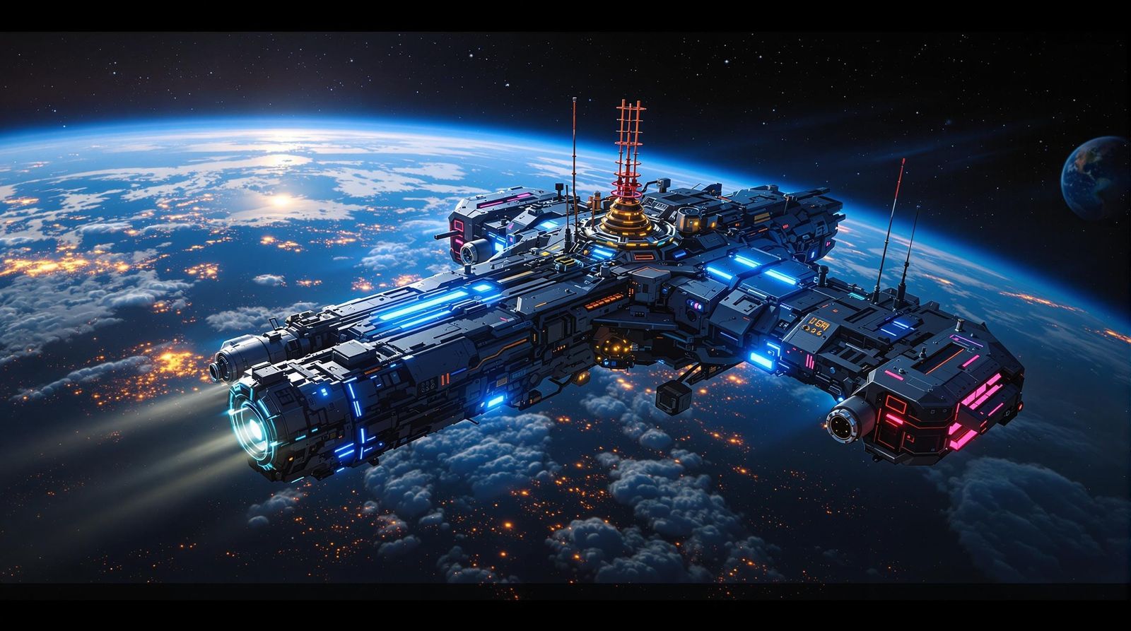 Futuristic Spacecraft Departs Earth in a Cosmic, Neon-Lit Od...