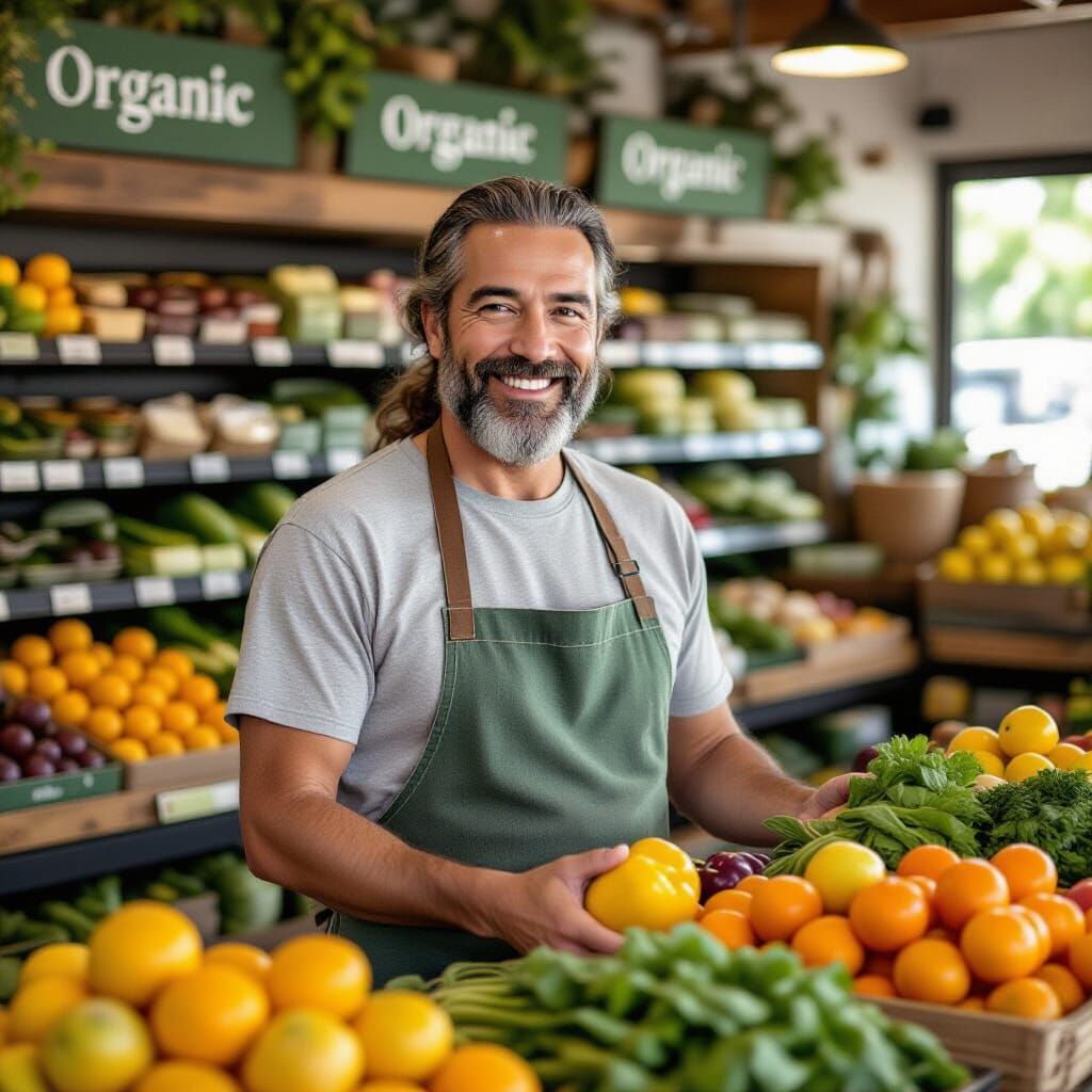 Smiling Produce Clerk in Organic Grocery Store