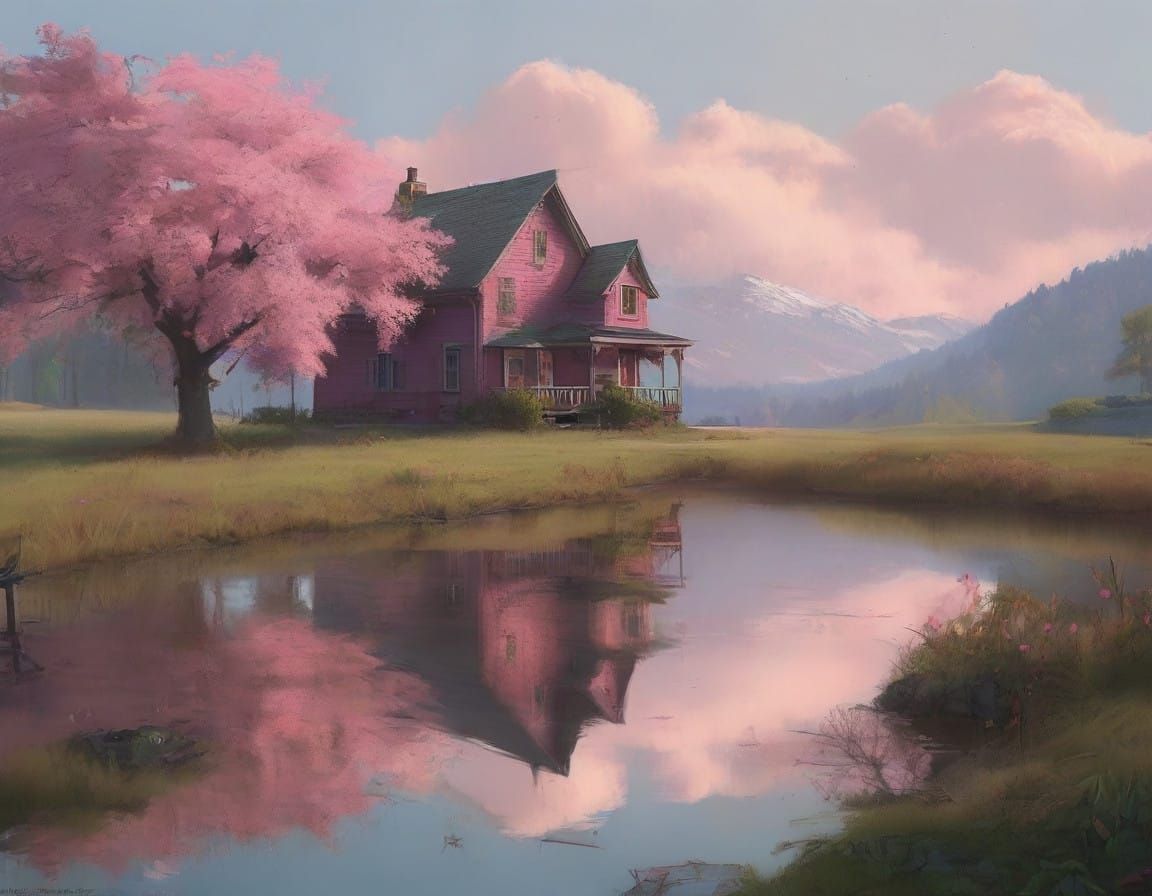 Tranquil Lake Paradise with Blooming Cherry Blossoms in Vibr...