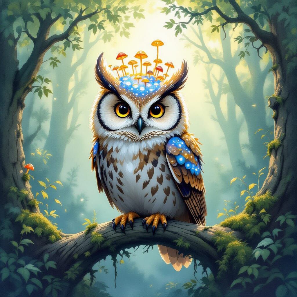 Enchanted Owl Adorned with Luminous Mushrooms