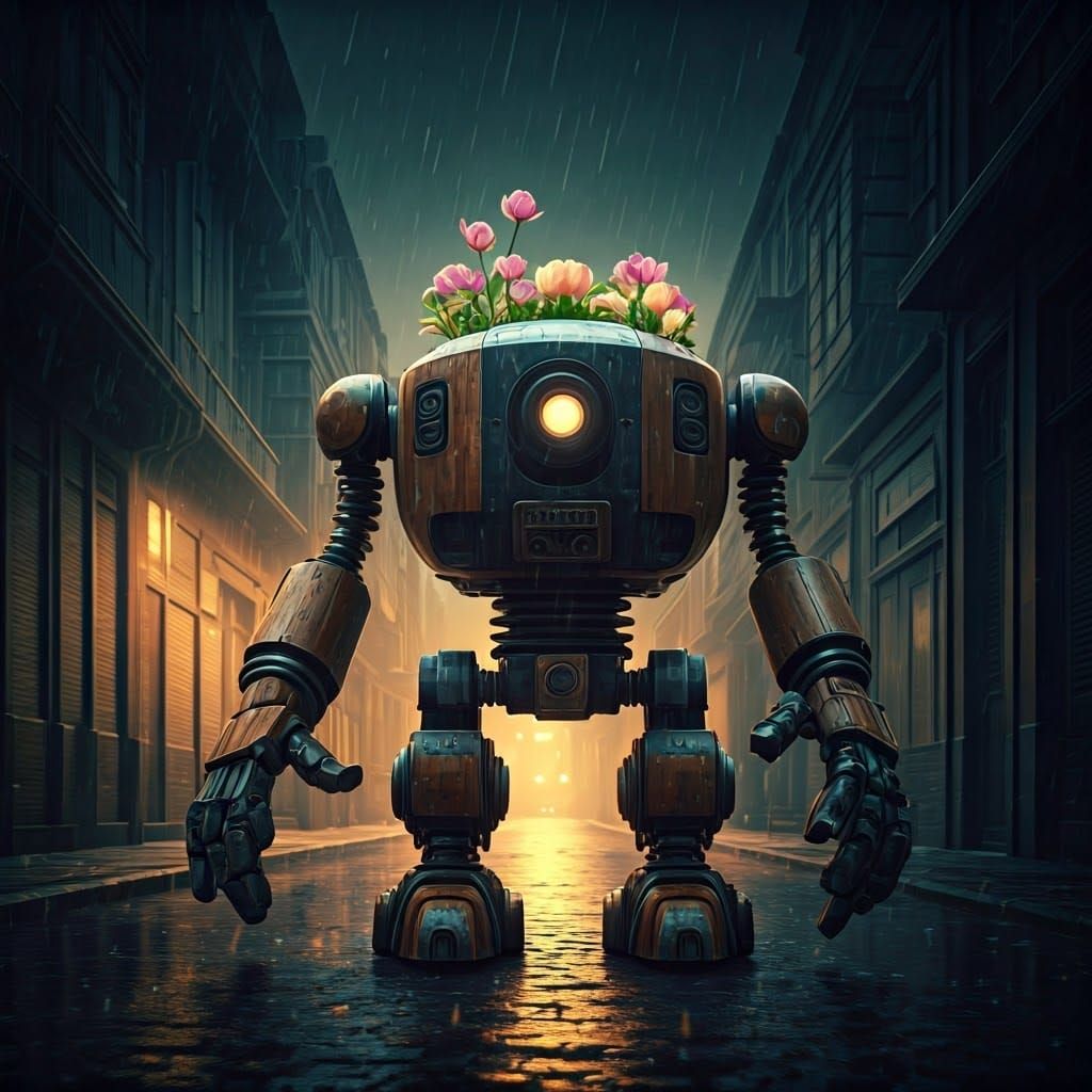 Robot in Rainy Street: Cinematic Film Still