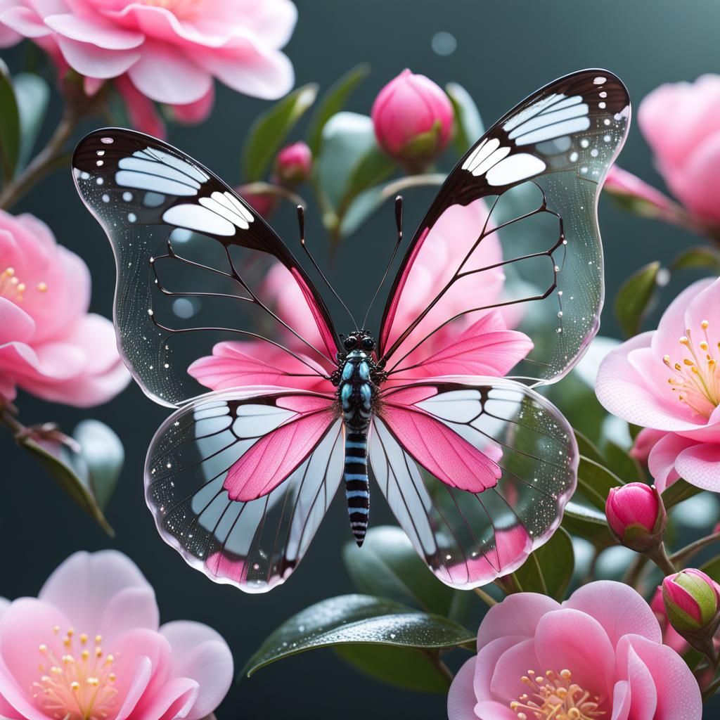 Glass-Winged Butterfly on Pink Camelia: Photorealistic Image