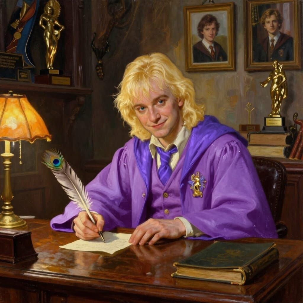 Gilderoy Lockhart Writing with Peacock Quill at Desk