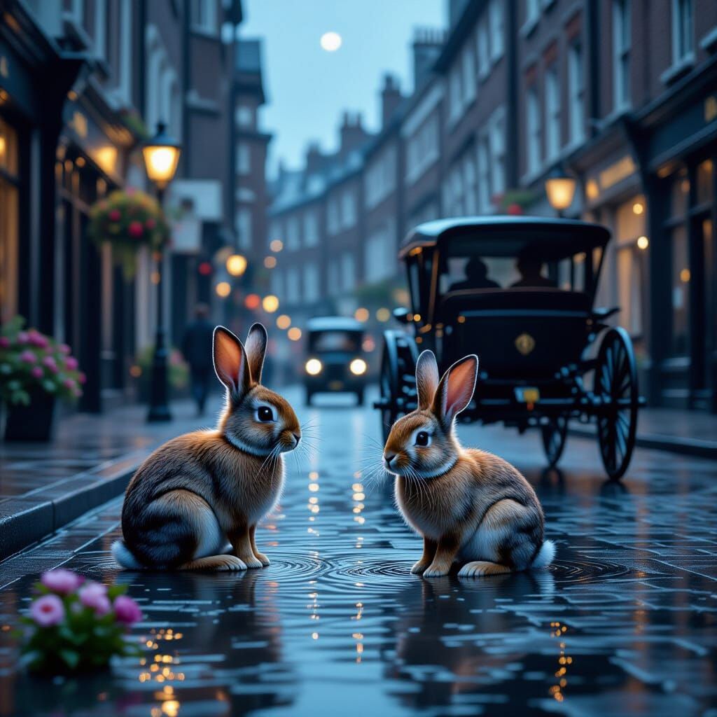 Bioluminescent Bunny in Victorian London Street Scene