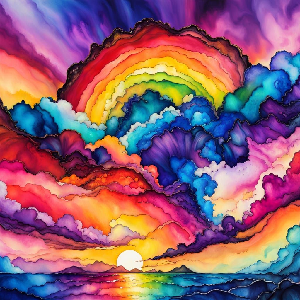 Vibrant Sunset Rainbow in Expressive Alcohol Ink Style