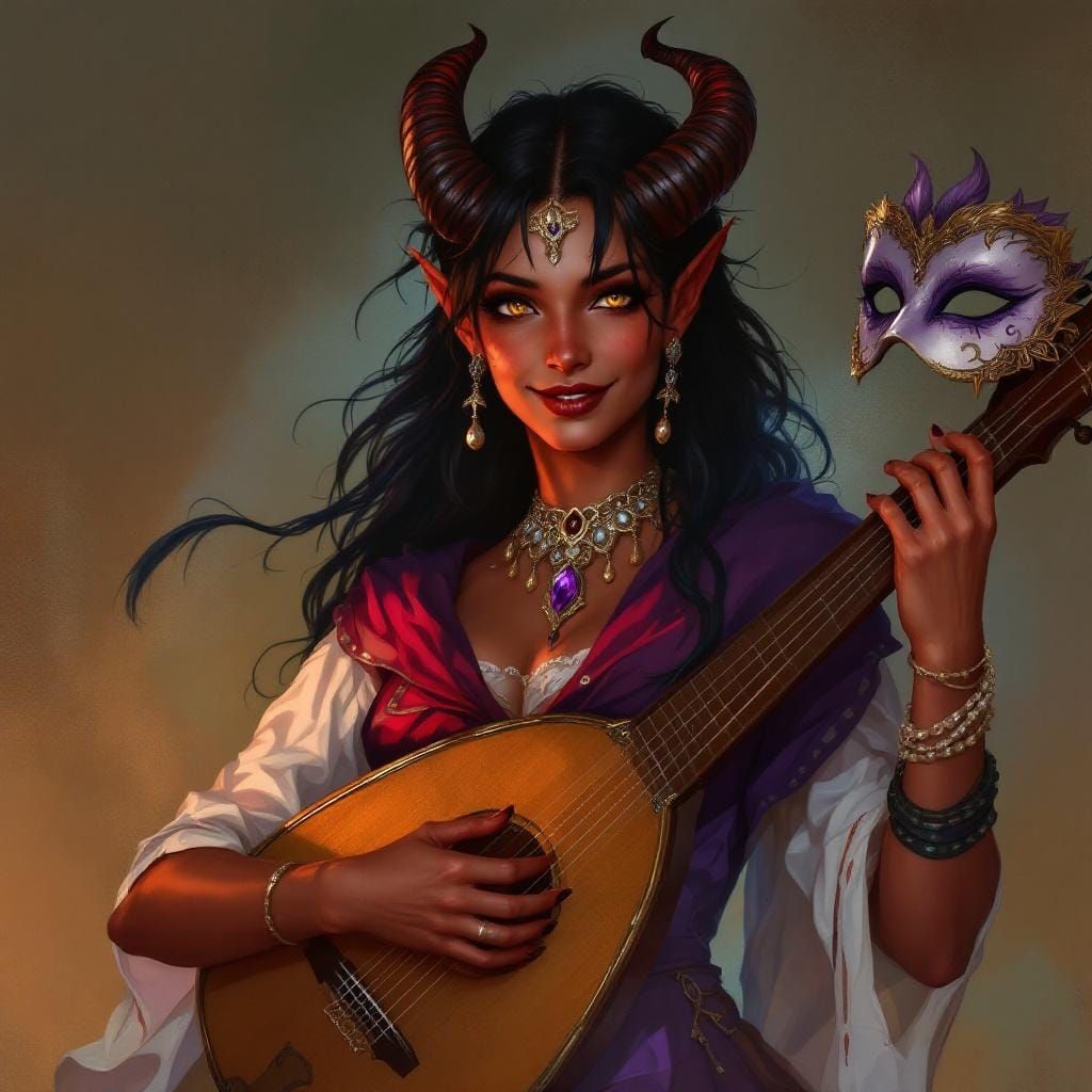Tiefling Bard Performing with Lute and Mask