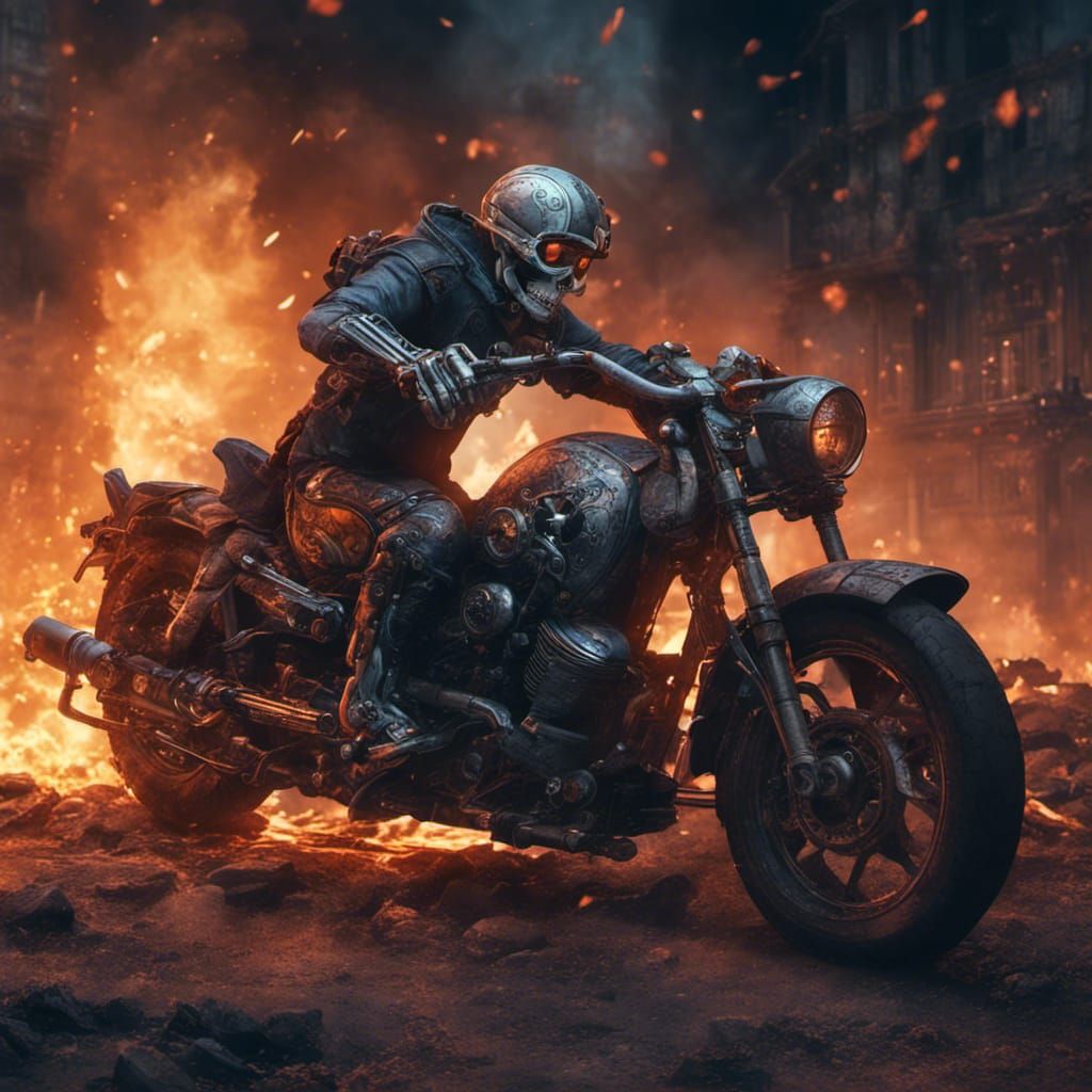 Fiery Skeleton Rider at Midnight: Detailed Matte Painting