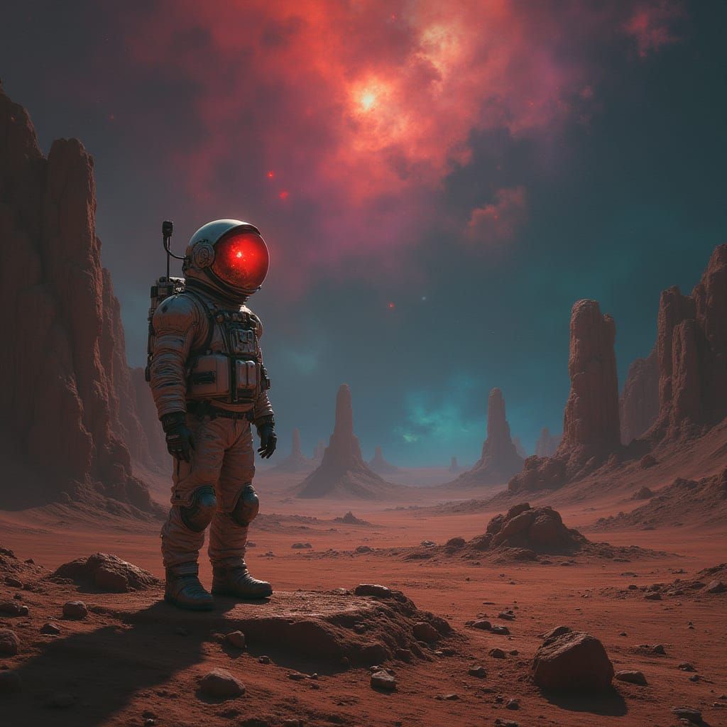 Astronaut on Alien Planet with Nebula, in Cosmic Horror Styl...