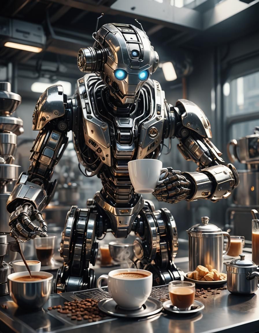 Funny Coffee-Making Robot in Futuristic Sci-Fi Style