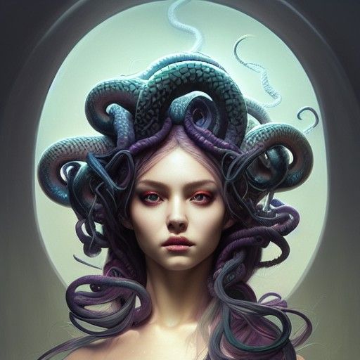 Detailed Medusa Portrait with Rainbow Snake Hair
