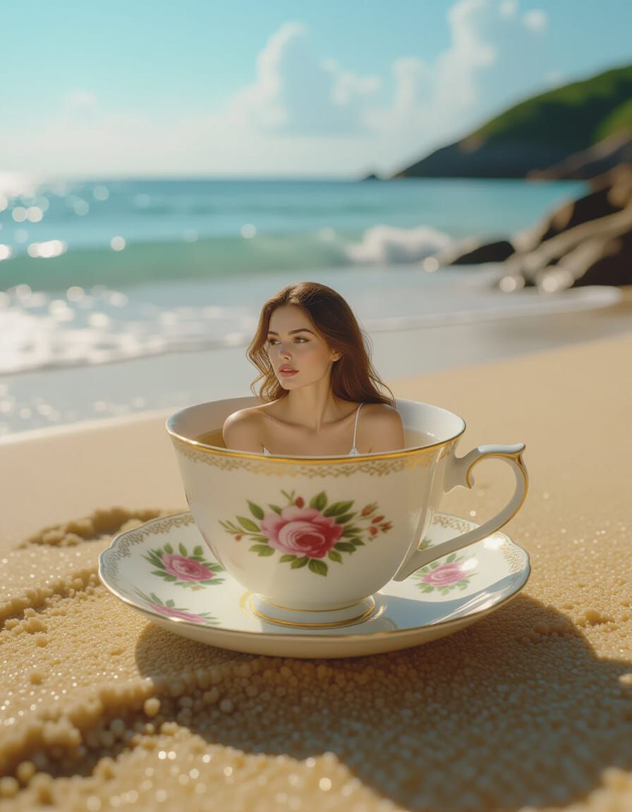Serene Woman in Tea Cup Beach Scene, Cinematic 35mm Film