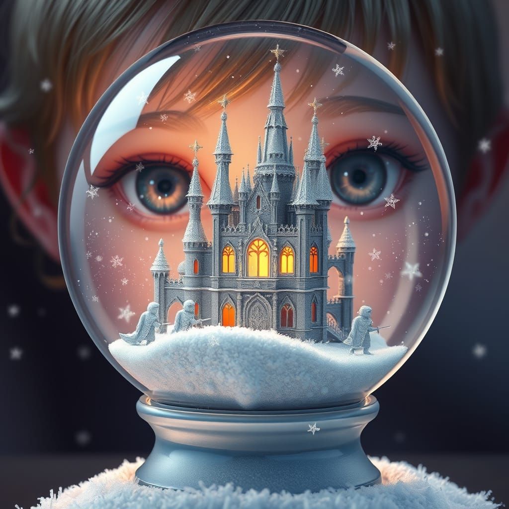 Crystal Snow Globe Castle in Whimsical 3D Anime Style