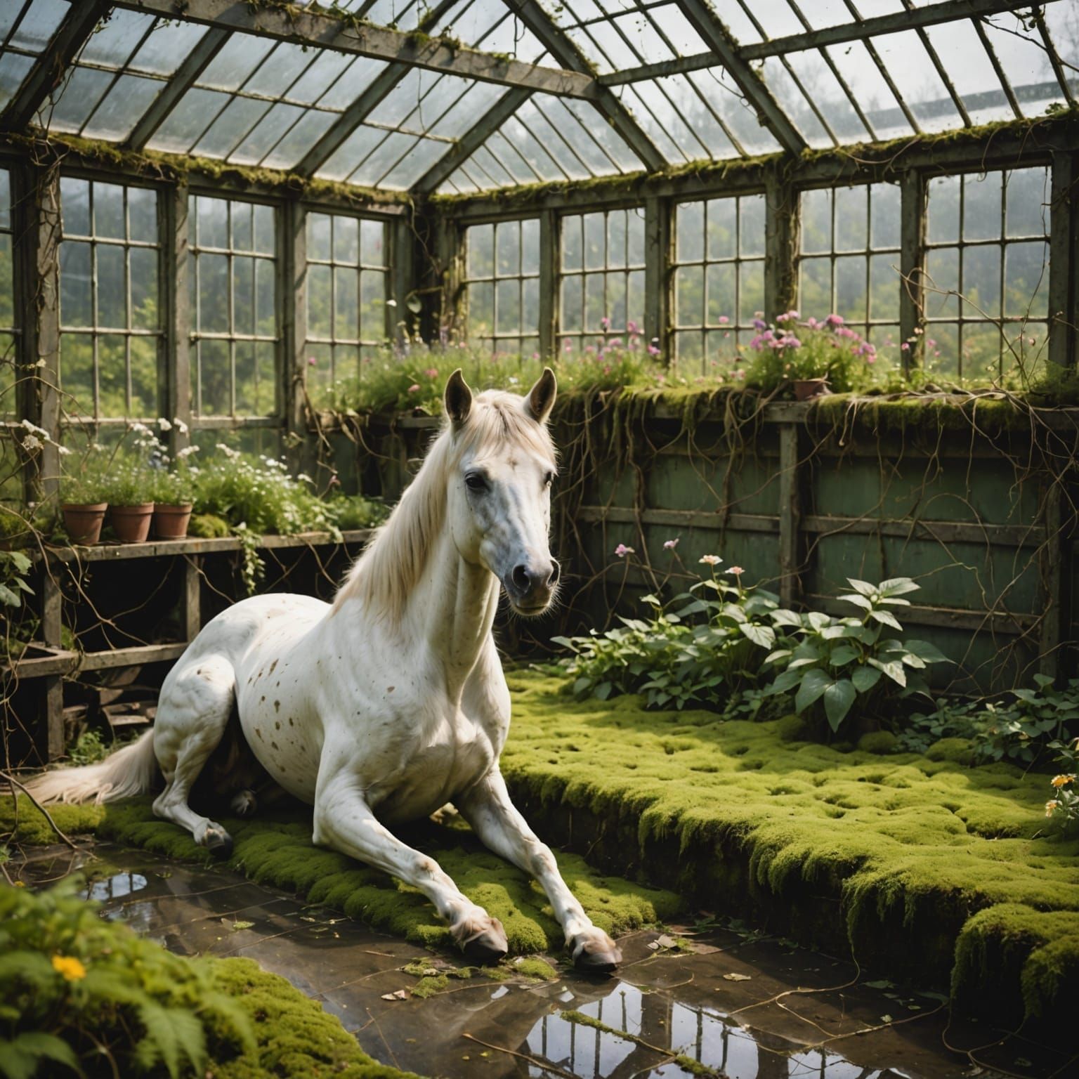Dog Resting in Overgrown Greenhouse: Painterly Realism