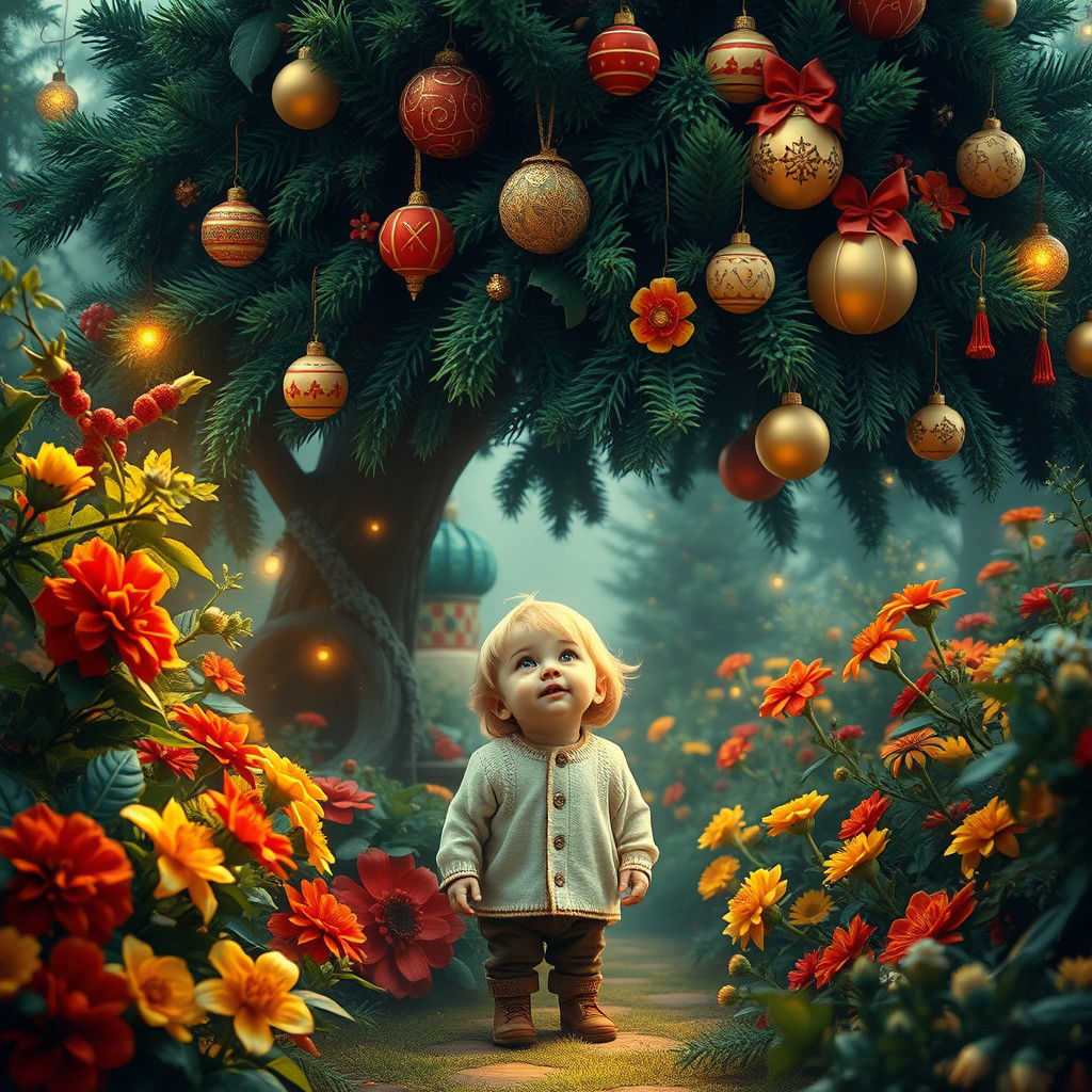 Child in Whimsical Christmas Garden, Digital Art