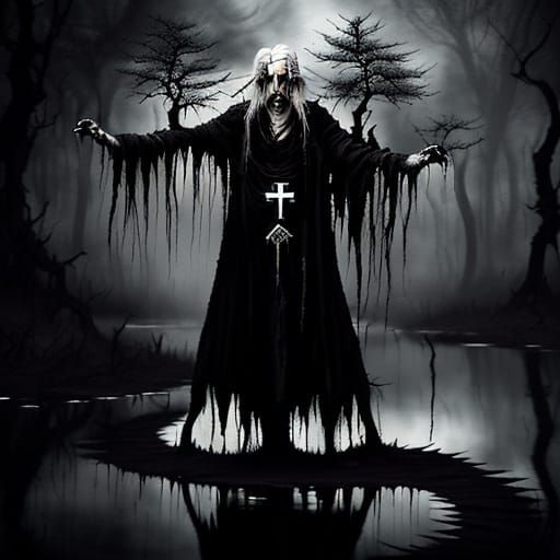 Macabre Gothic Forest with Emaciated Man and Embryo Fruit