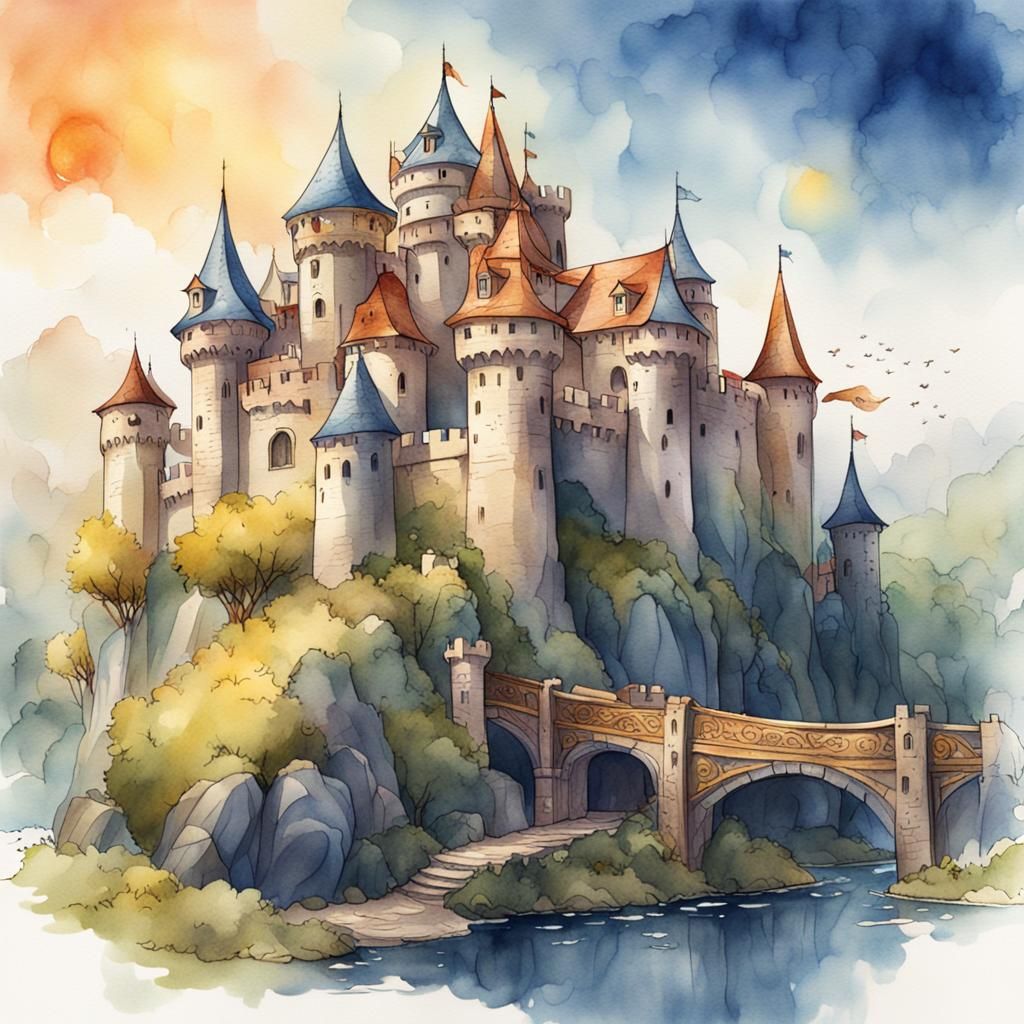 Cute Castle in Watercolor Children’s Book Illustration
