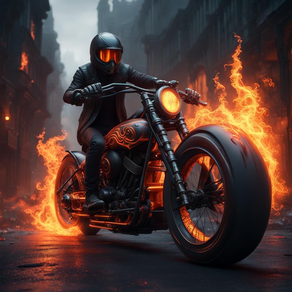 Flaming Phantom Bike Emerging from Darkness