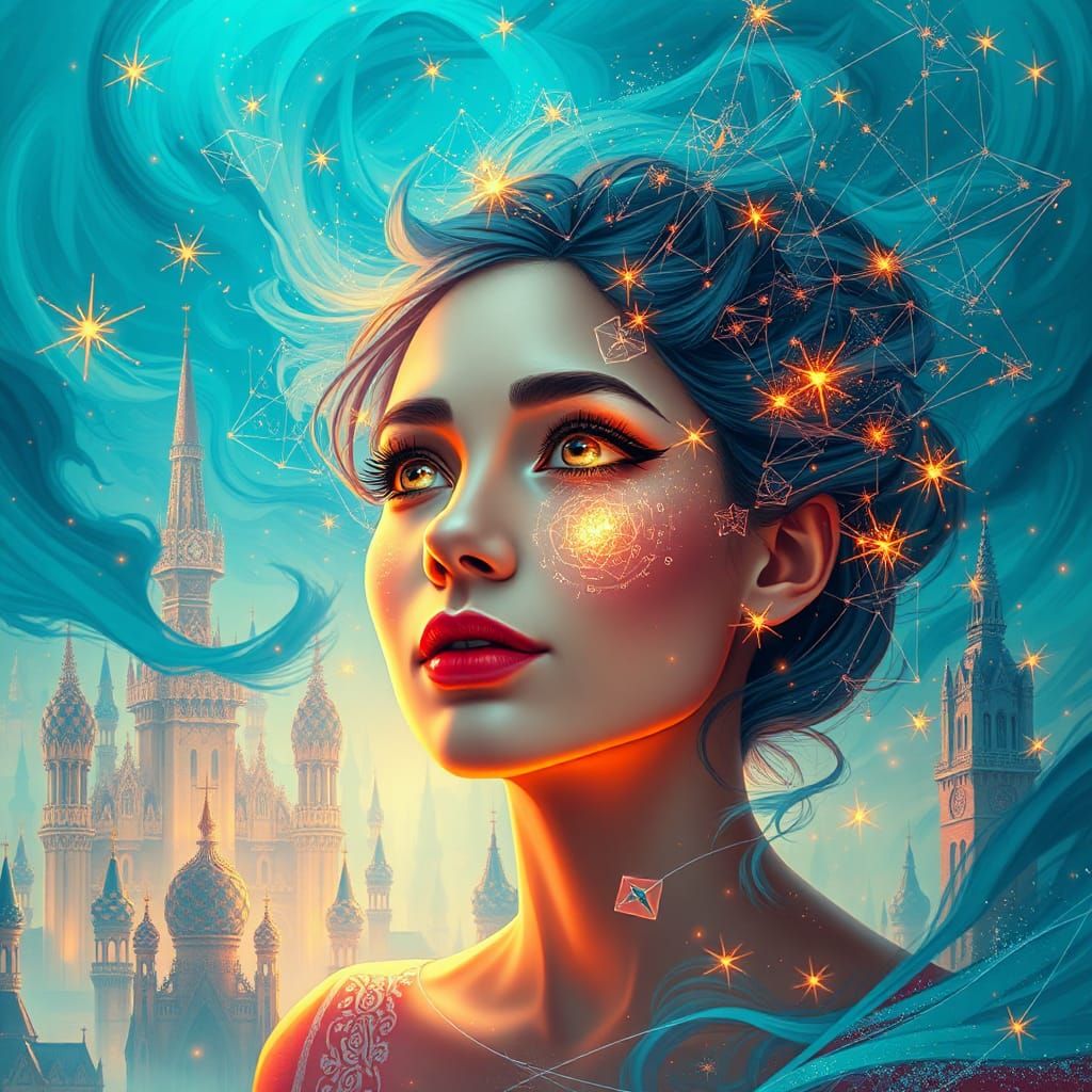 Woman Visualizing Complex Math Equations in Surreal Style