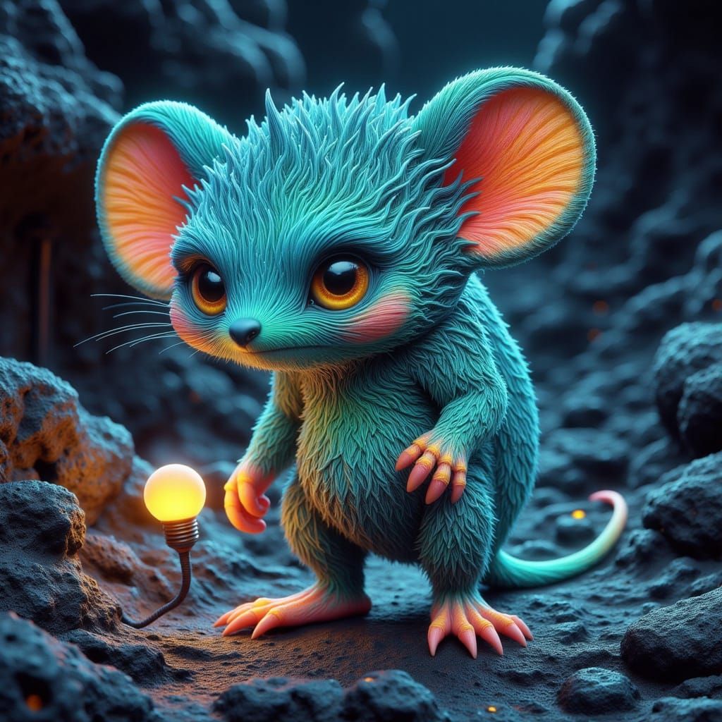 Giant Aqua Chibi Mouse with Hairy Feet Holds Light Bulb in D...