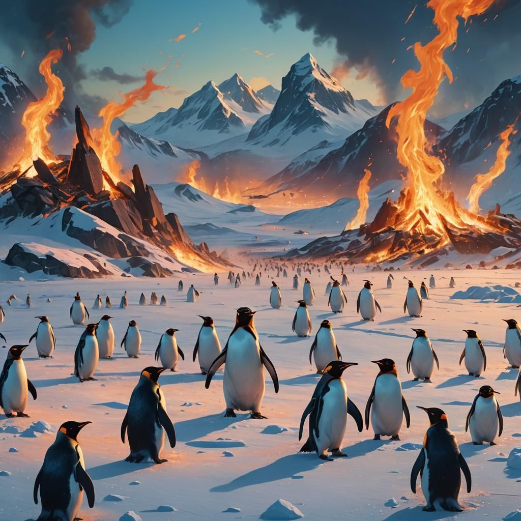 Penguins Playing with Fire in Antarctica, Fantasy Art