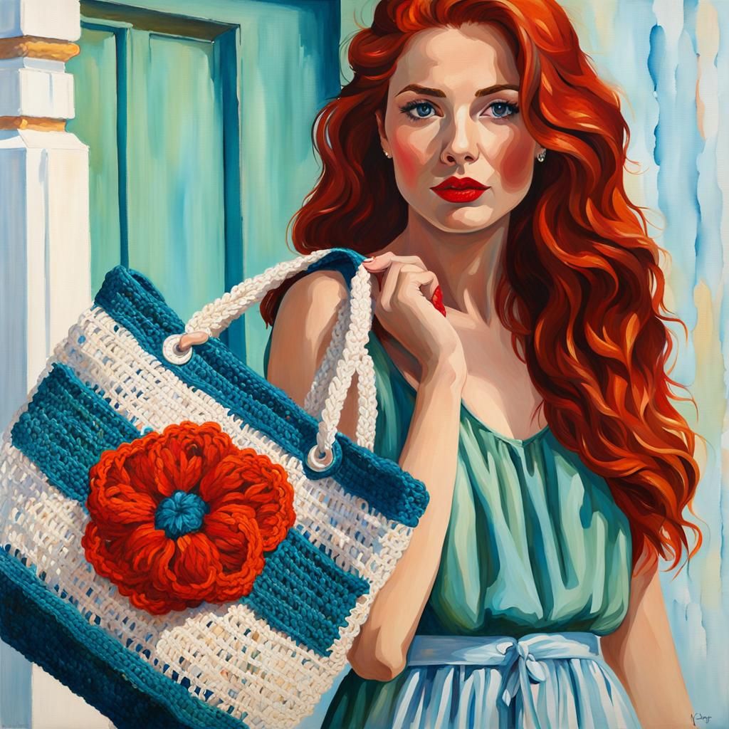 Red-Haired Woman with Tote Bag: An Impasto Painting