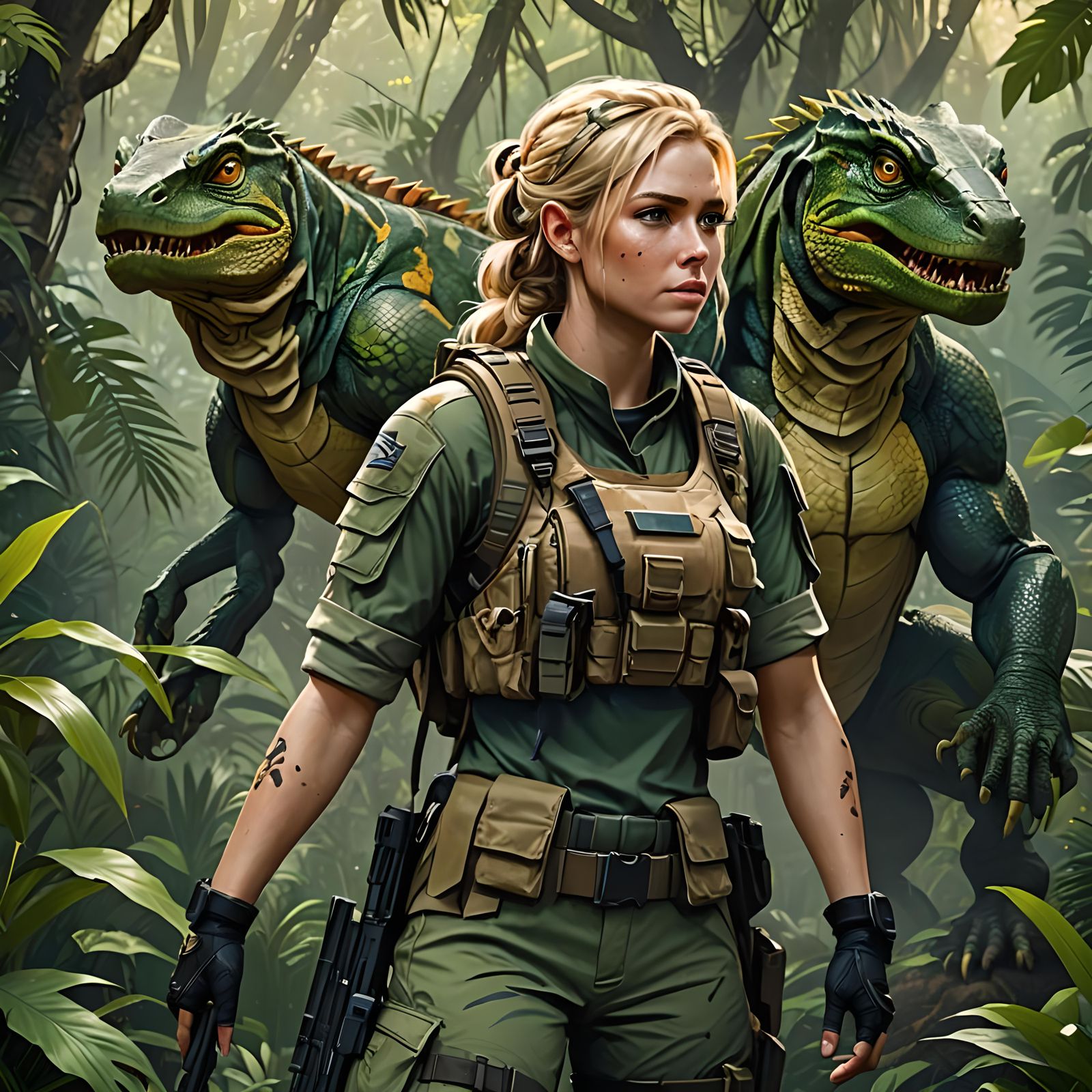 Hyperrealistic Jungle Warrior with Loyal Pets