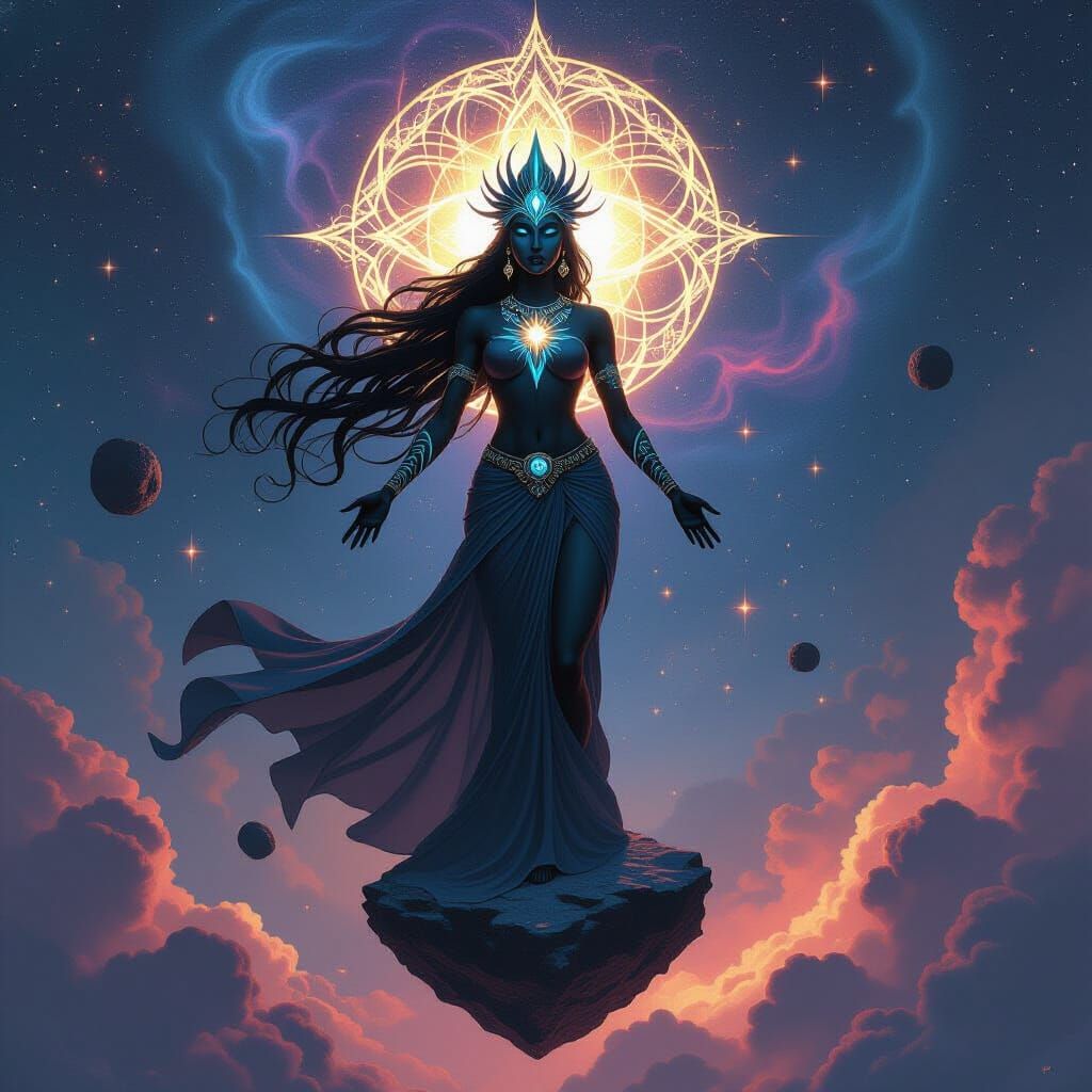 Celestial Goddess in Swirling Nebula, Art Nouveau Style