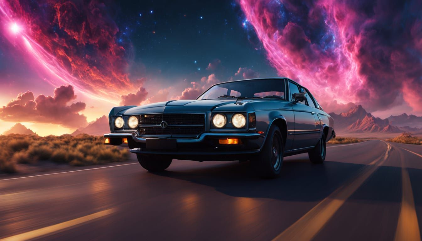 Driver on Celestial Road: Hyper Realistic Digital Matte Pain...