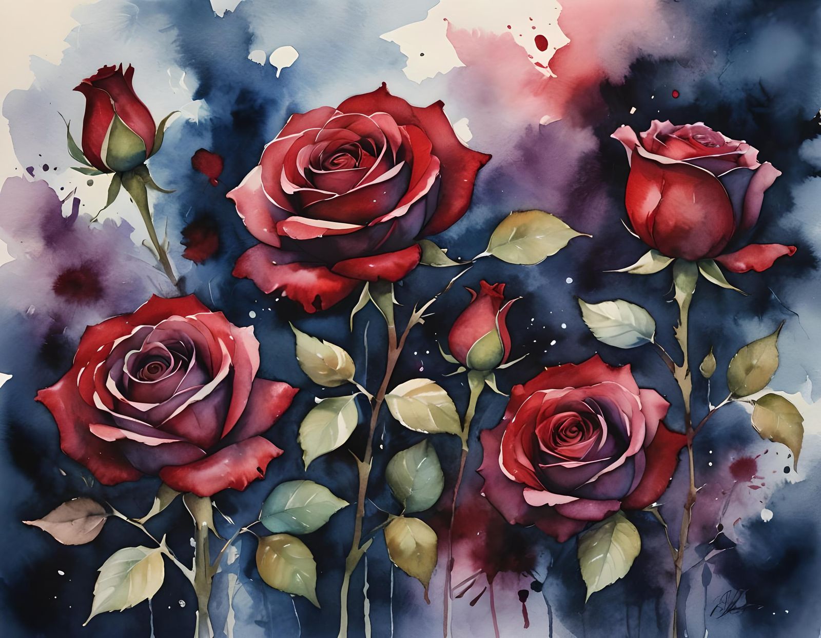 Ethereal Red Roses in Abstract Watercolor Painting